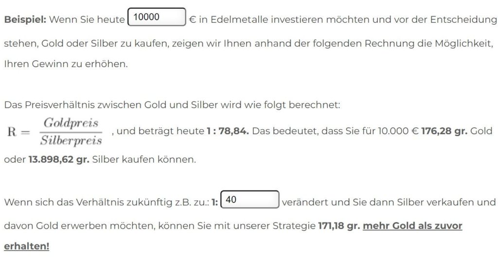 mehr Gold durch Silber Ratiorechner